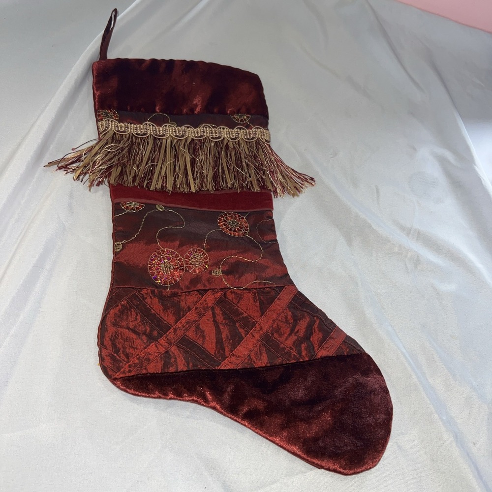 Vintage Christmas Stocking Sequin Ornament Holiday Decor Wine Color Tassels